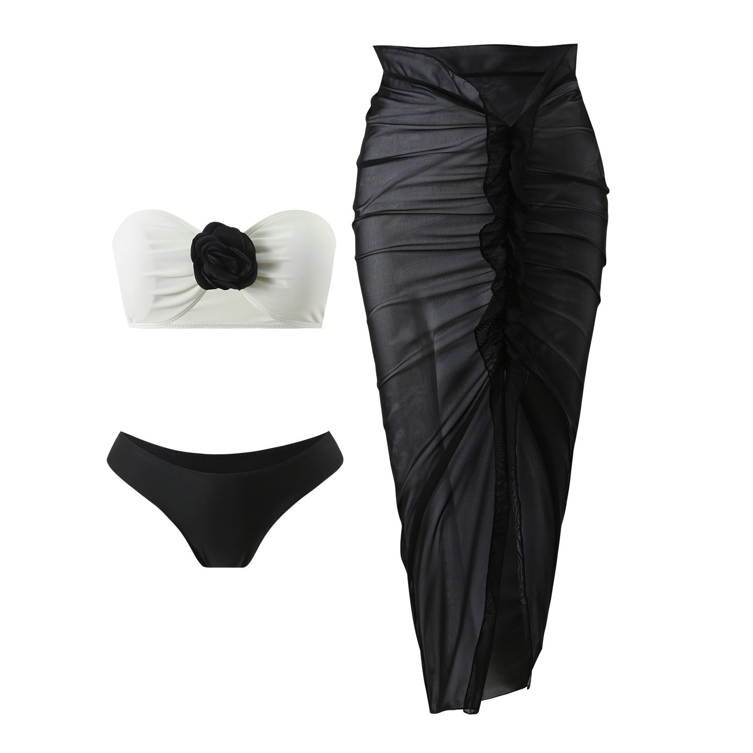 2025 European and American Color Matching Sexy New Rose Three-Piece Mesh Long Skirt Swimsuit Swimsuit Bikini Bikini